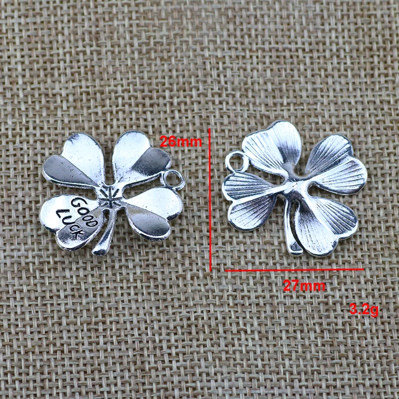 6pcs 26*27mm Good Luck Charms Lucky Clover Flower Pendants Antique Silver Color Jewelry For Women DIY Making