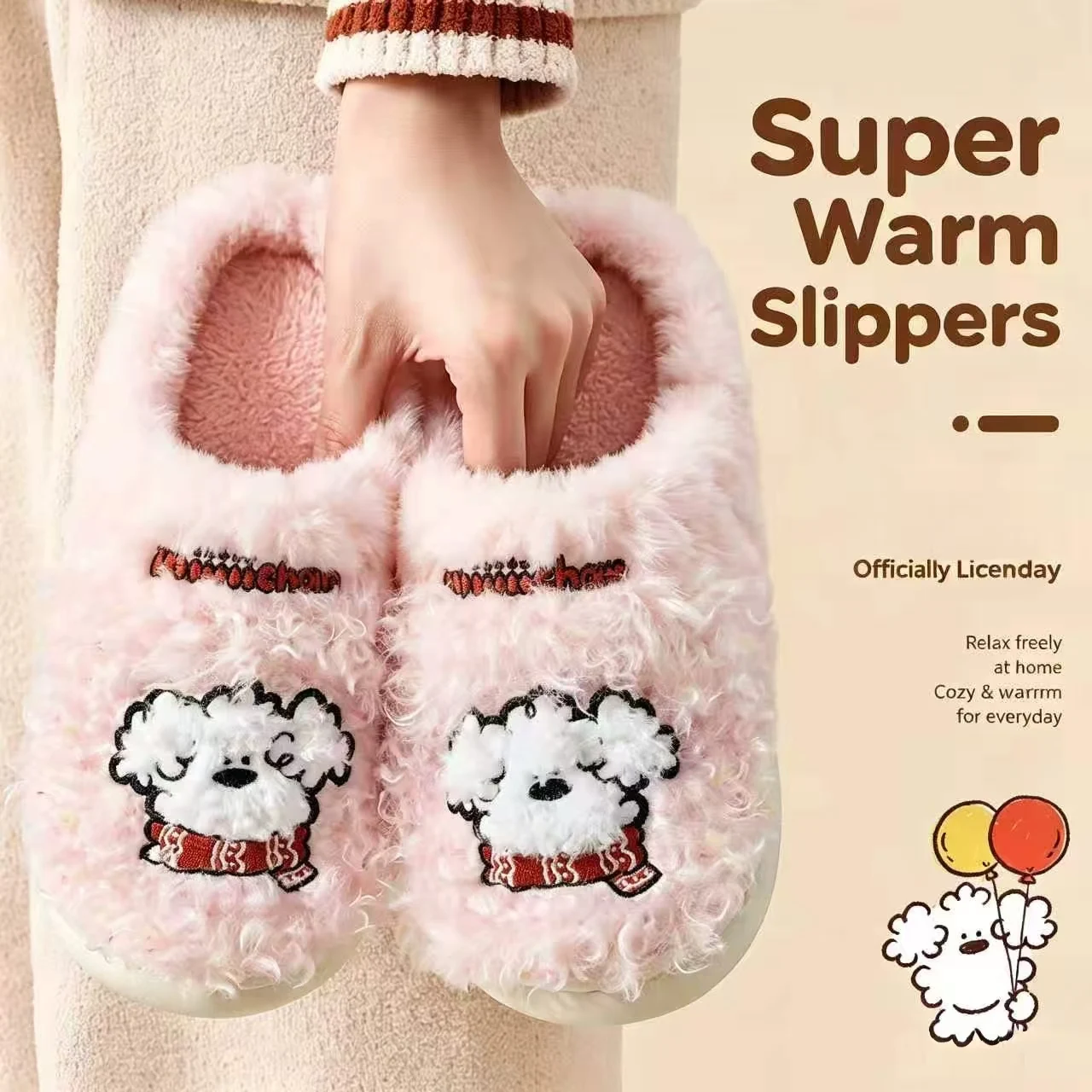 Cute Cartoon Dog Striped Fuzzy House Slippers for Women Winter Cozy Fluffy Warm Non Slip Indoor Bedroom Home Shoes