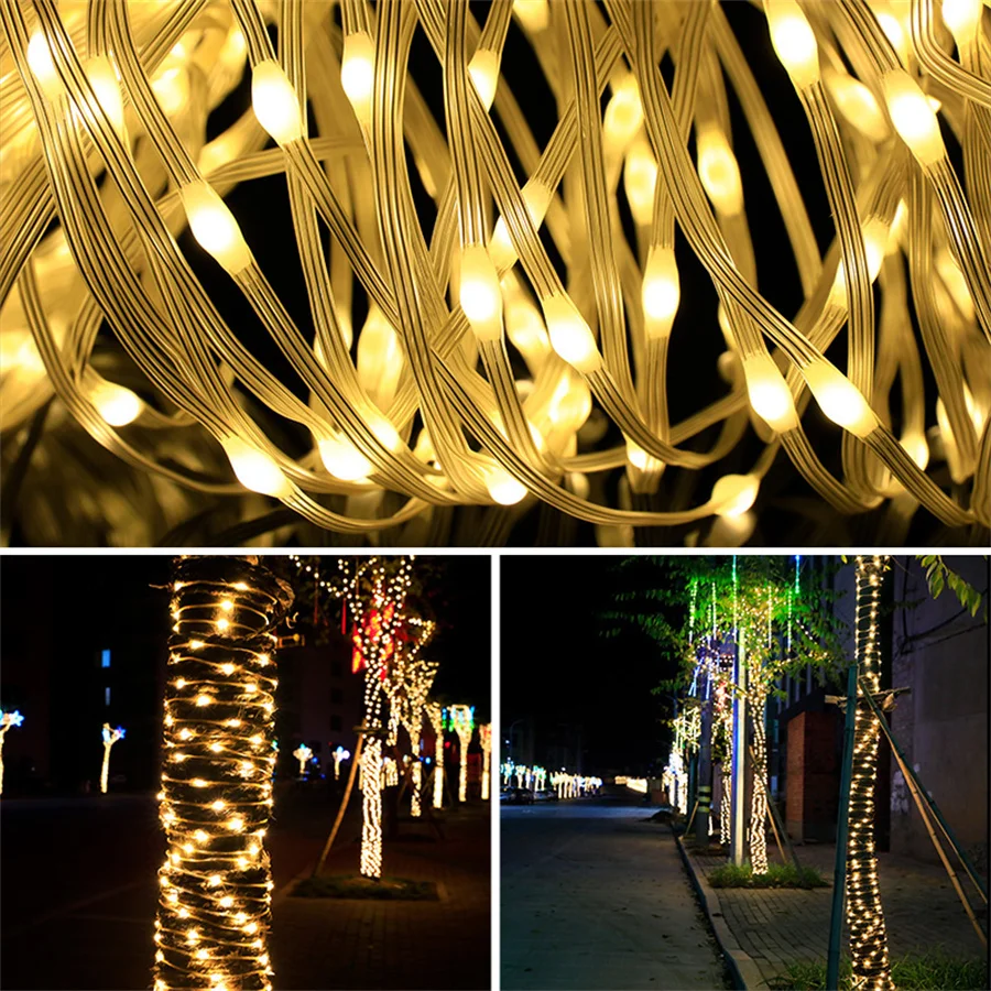 Plug in PVC Christmas Rope Lights Garland Outdoor Plug in Copper Wire Fairy String Lights for Fence Porch Party Backyard Decor