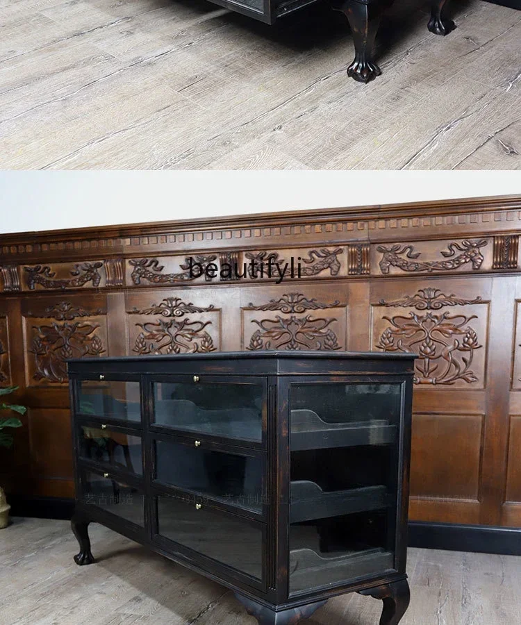 

l Art vintage retro custom made sea-style animal legs solid wood mortise and tenon glass decorative cabinet jewelry cabinet