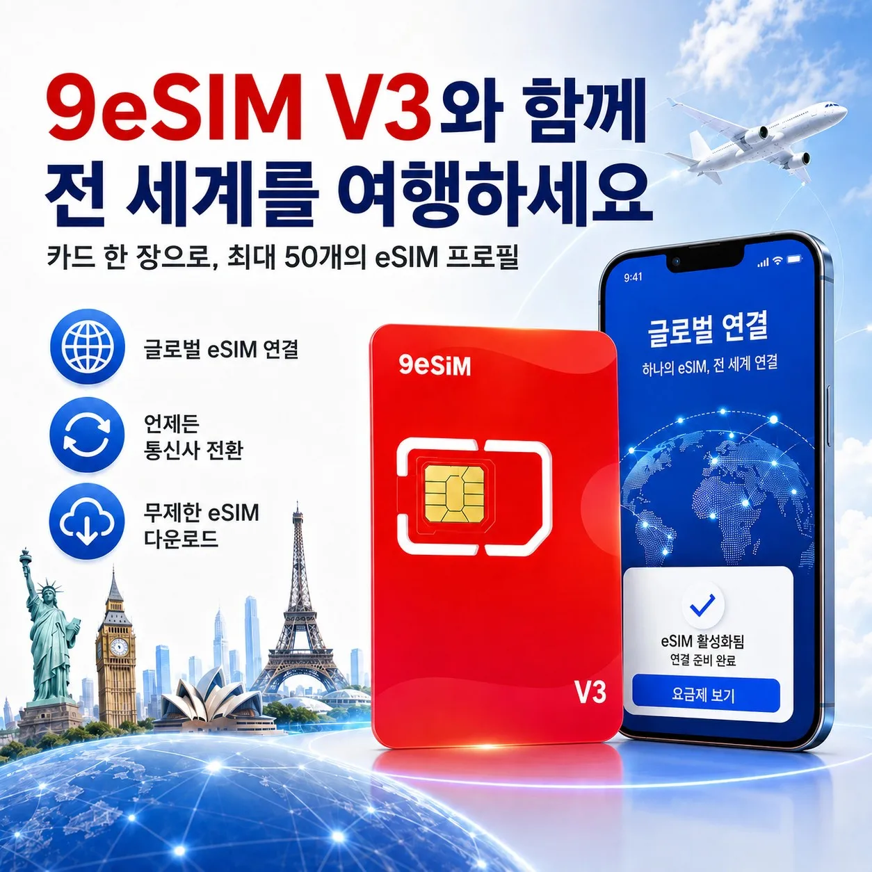 9esim V3 물리적 ESIM 카드(잠금 해제된 휴대폰용) 무제한 프로필 다운로드 STK 메뉴 호환 모바일 액세서리