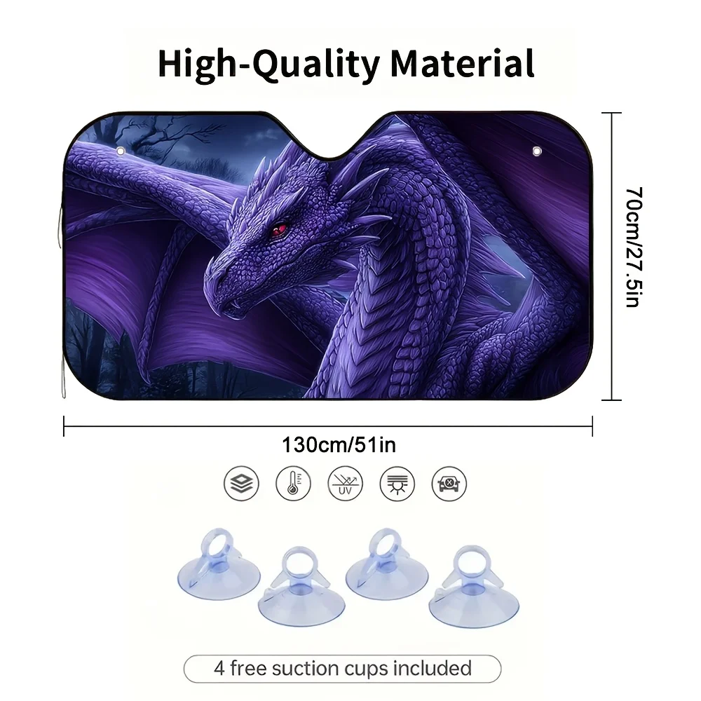 1pc Fantasy Purple Winged Dragon Print Windshield Sunshade Cover | Durable Polyester Fabric, Universally Applicable For Most Veh