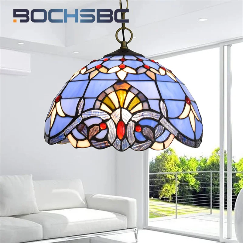 

BOCHSBC Tiffany stained glass Retro style Blue Baroque chandelier Art Deco living Room Dining Room bedroom porch hanging light