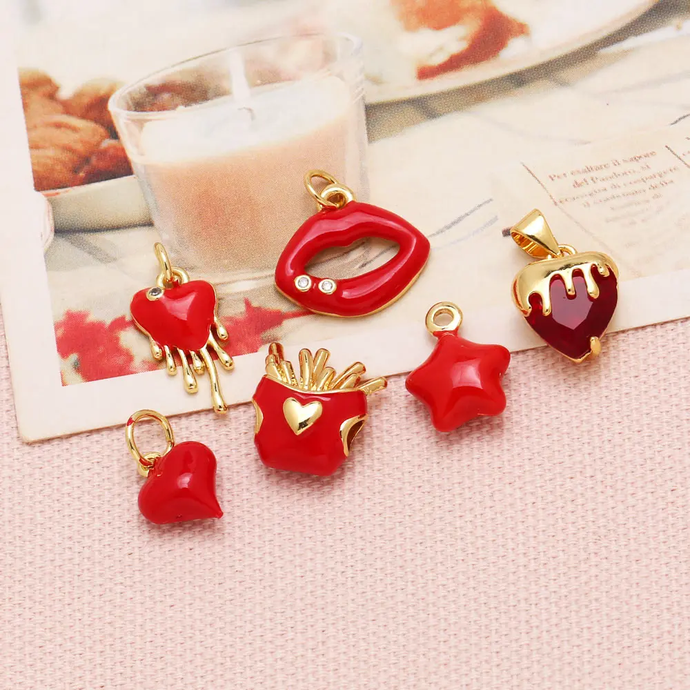 OCESRIO Red Enamel Star Heart Chips Charms for Bracelet Copper Gold Plated Mouth Strawberry Jewelry Making Supplies chma338