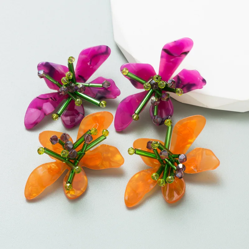 Pendientes de flores acrílicas grandes fucsia amarillo para mujer, pendientes de tuerca, joyería de playa