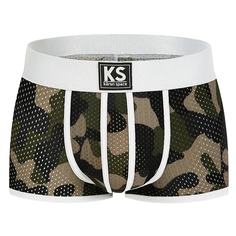 Camo Mesh Boxer Briefs for Men Low Waist Breathable Ice Silk Underwear with U-Pouch Boxy Underwear Youth Fashion Sports Trunks