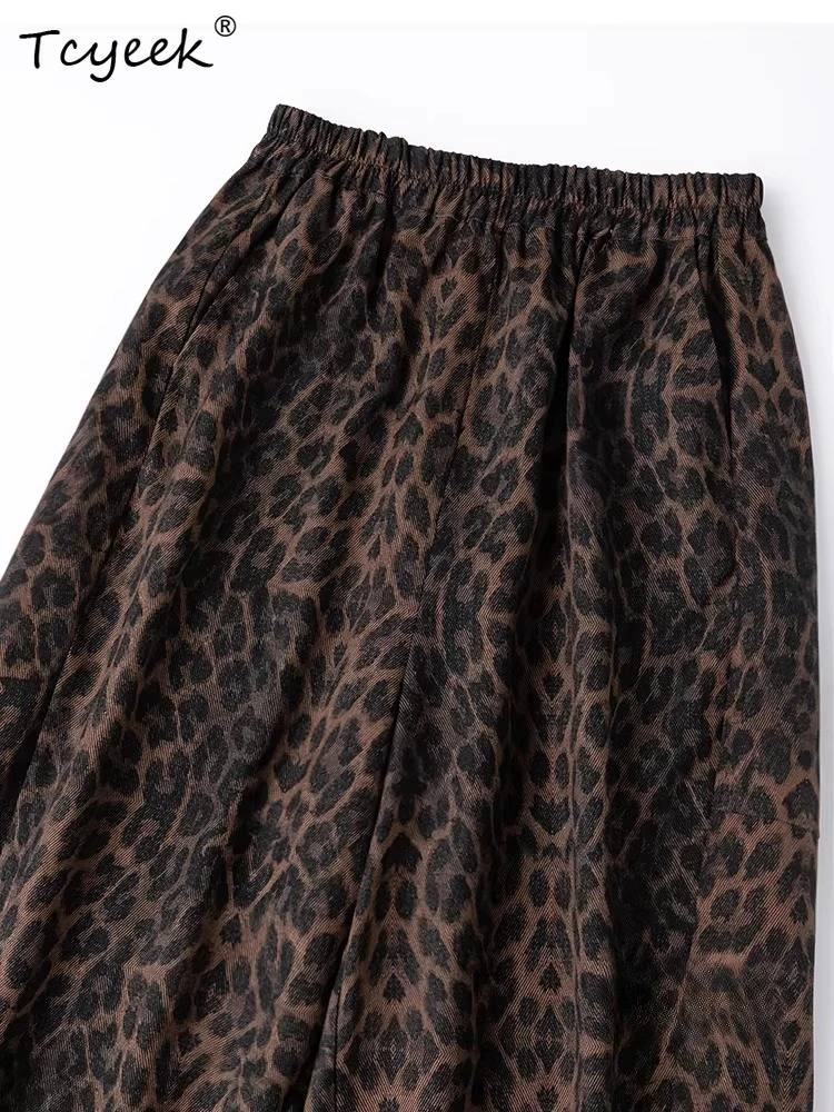 Tcyeek 100% Real Silk Long Pants Women 2026 Fashion Leopard Print Trousers Curved Knife Pants Women Clothing Pantalones De Mujer