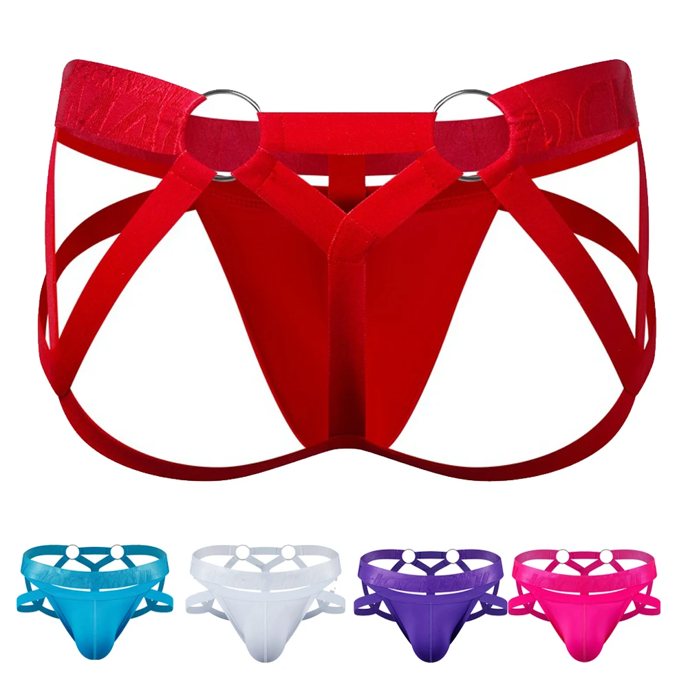 

Jockmail Men Underwear with Hip Lifting Thong Tied Through with Lingerie Steel Ring Bandage Hollowed Out Men G String Panties