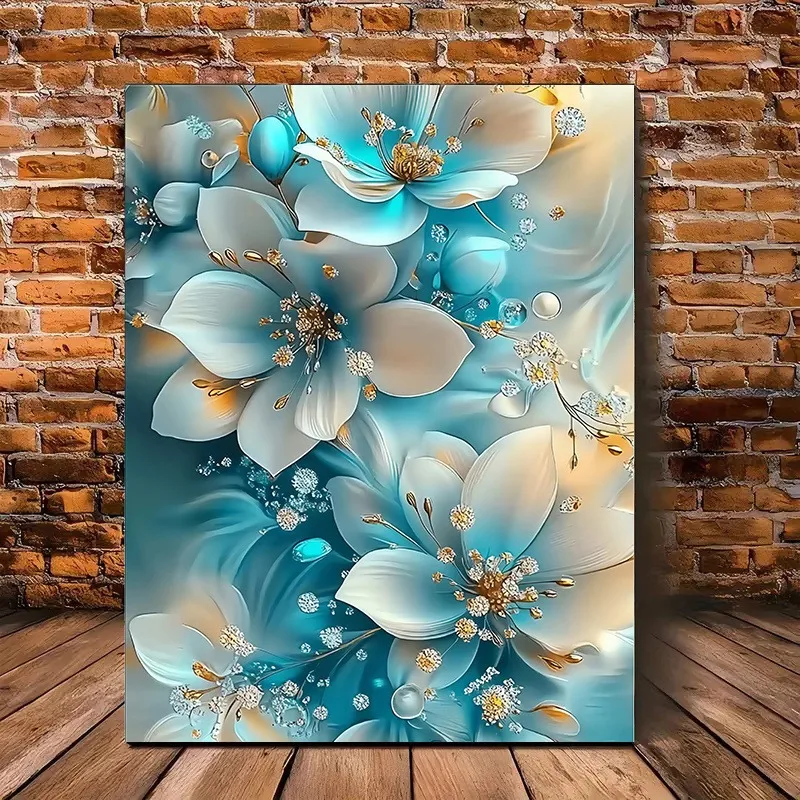 Elegant Oil Painting Artwork Framed Serene Blue and White Flowers with Gold Accents Perfect for Living Room Bathroom Decoration