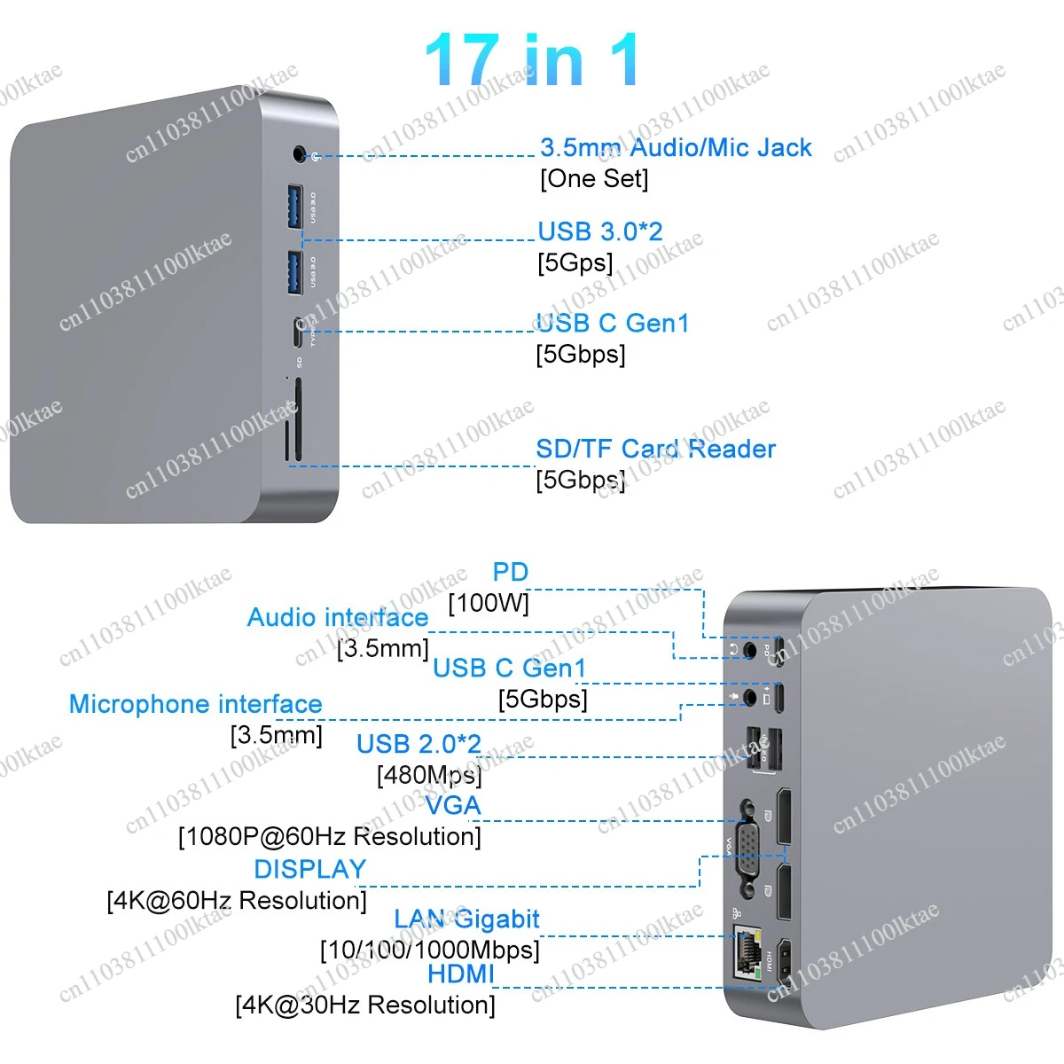 Type-c Docking Station 17 in 1 PD100 Fast Charging 4K60Hz Different Screen Expansion Gigabit Network Port Usb Hub