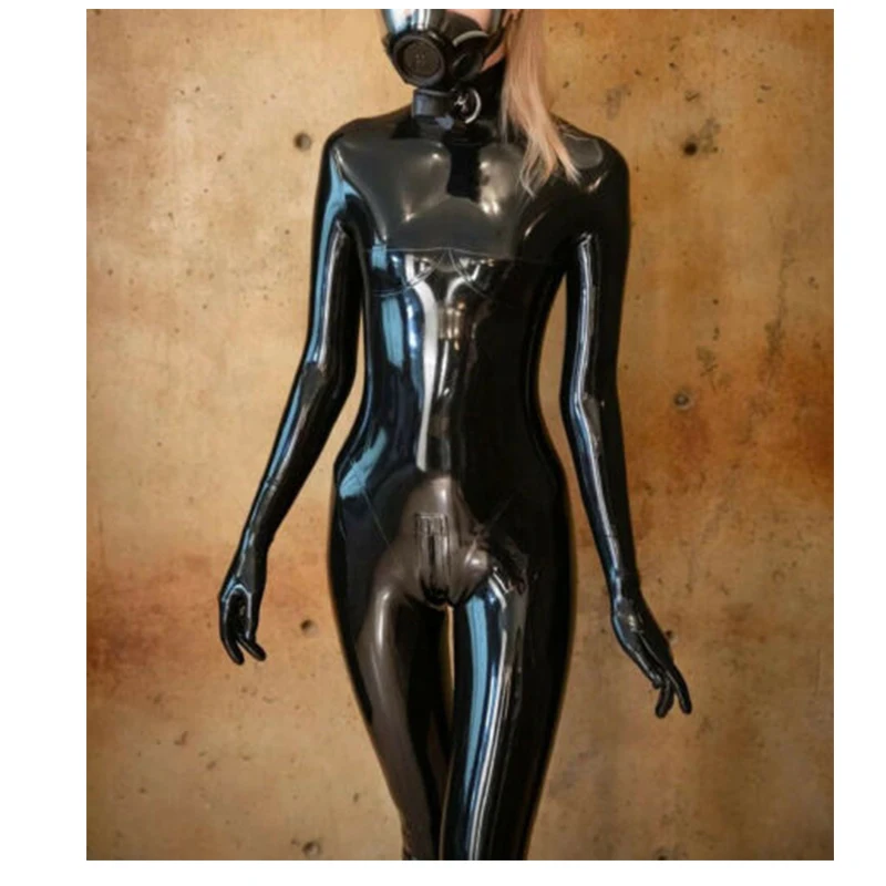 

Women Black Latex Catsuit Rubber Bodysuit Fetish Handmade Neck Entry with Crotch Zip Gloves Socks (No Hood)