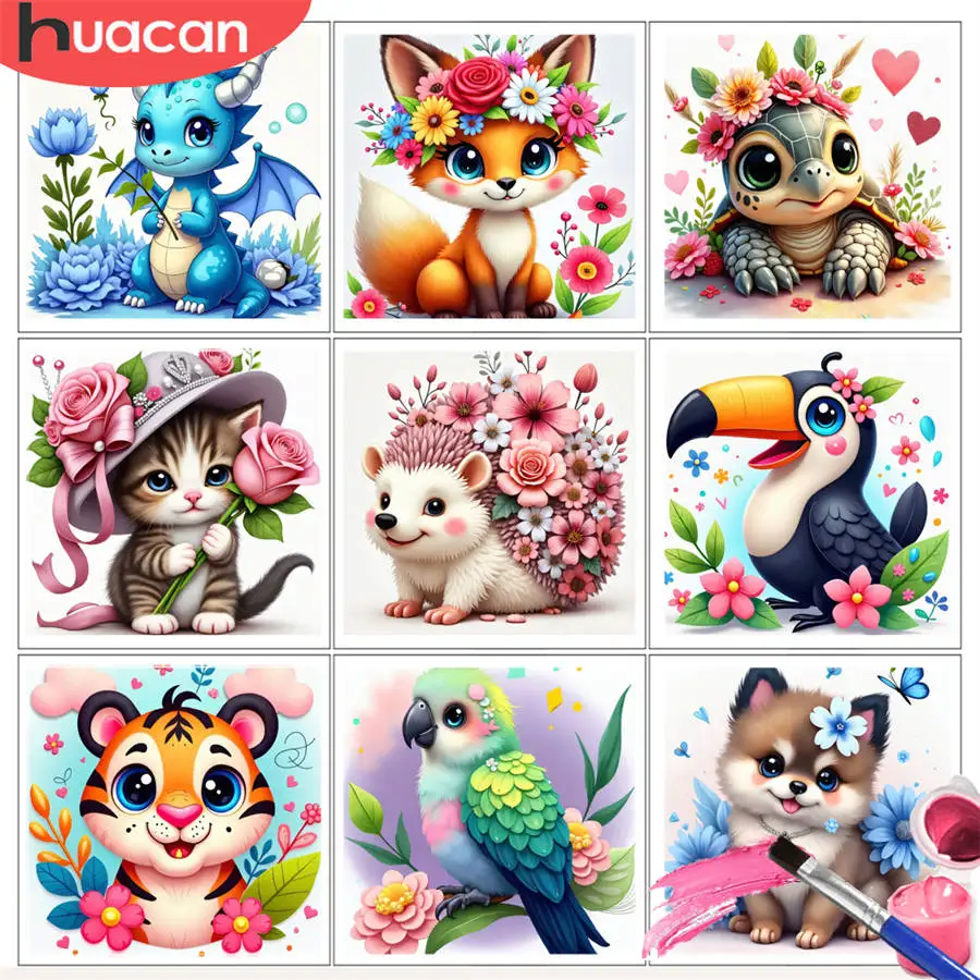 HUACAN Malen nach Zahlen-Kits, süßer blauer Drache, Blumen, Märchen, abstrakt, DIY, Ölzeichnung, Fantasy-Heimdekoration
