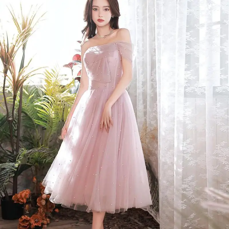 

Sweet Pink Party Dress Simple Tulle Strapless Beading Evening Dress New Sleeveless A-line Elegant Suknie Wieczorowe Ever Pretty