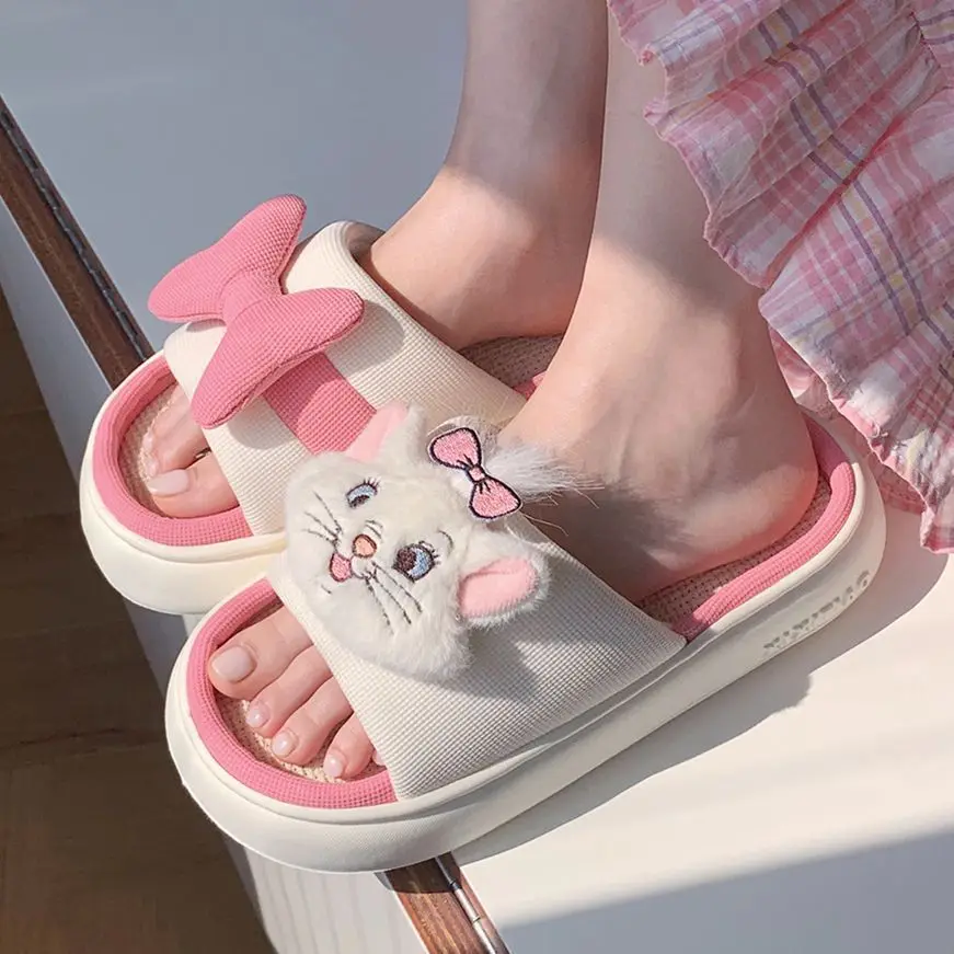 

Lovely cat and bow slippers women breathable linen home slippers woman flax slides ladies beach slippers