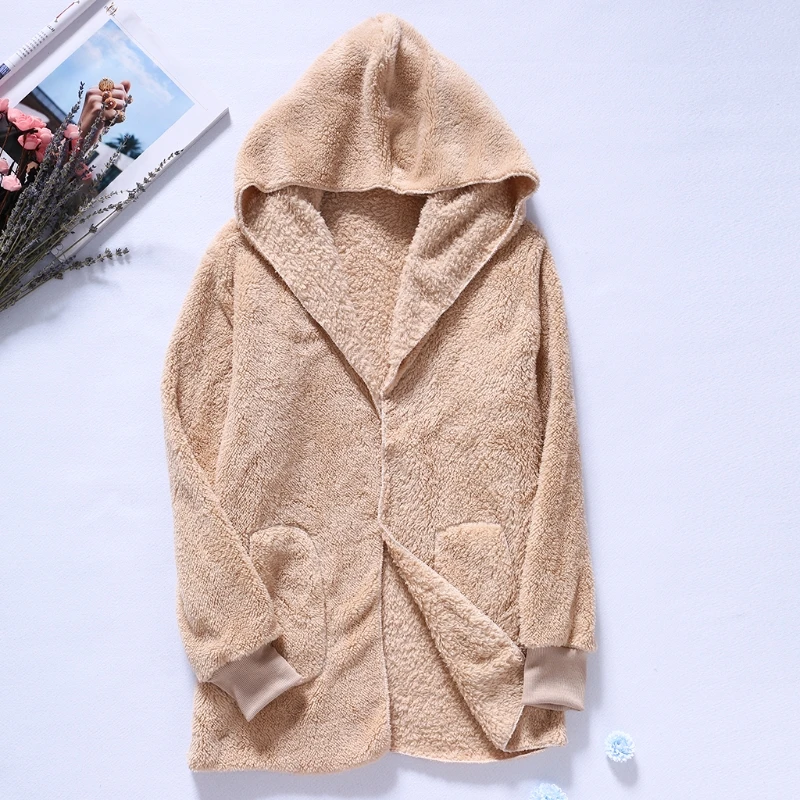 Mantel Hoodie Kardigan Hangat Musim Dingin Bulu Palsu Depan Terbuka Lengan Panjang Wanita Pakaian Luar N7YF