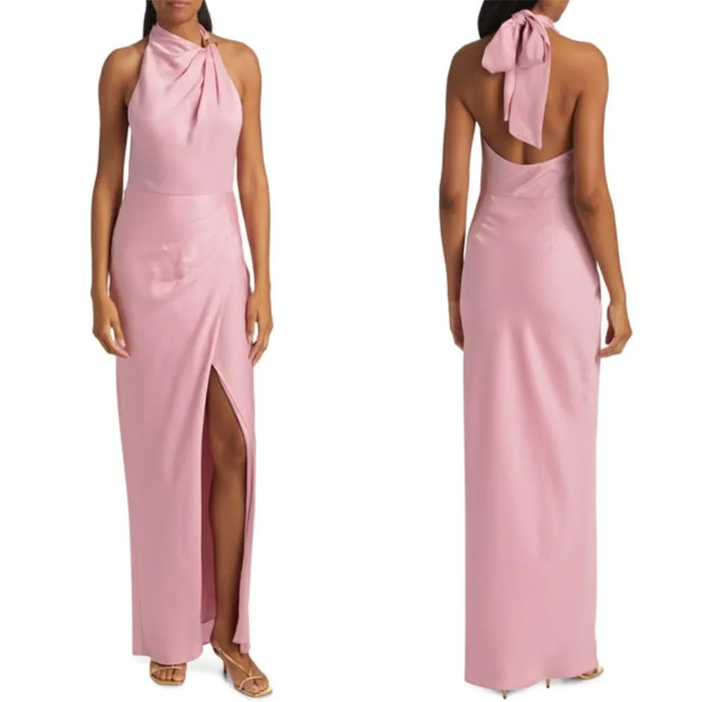 

High Quality Customized Floor Length Pleat Stain Pink High Fork Women Backless Sleeveless Vestidos Para Bodas Mujer Invitada