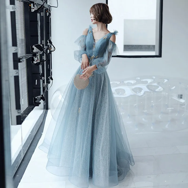 Novo vestido de noite azul com decote em v, placa de malha, moda banquete, reunião anual sonhadora, performance, estilo longo, saia de fio