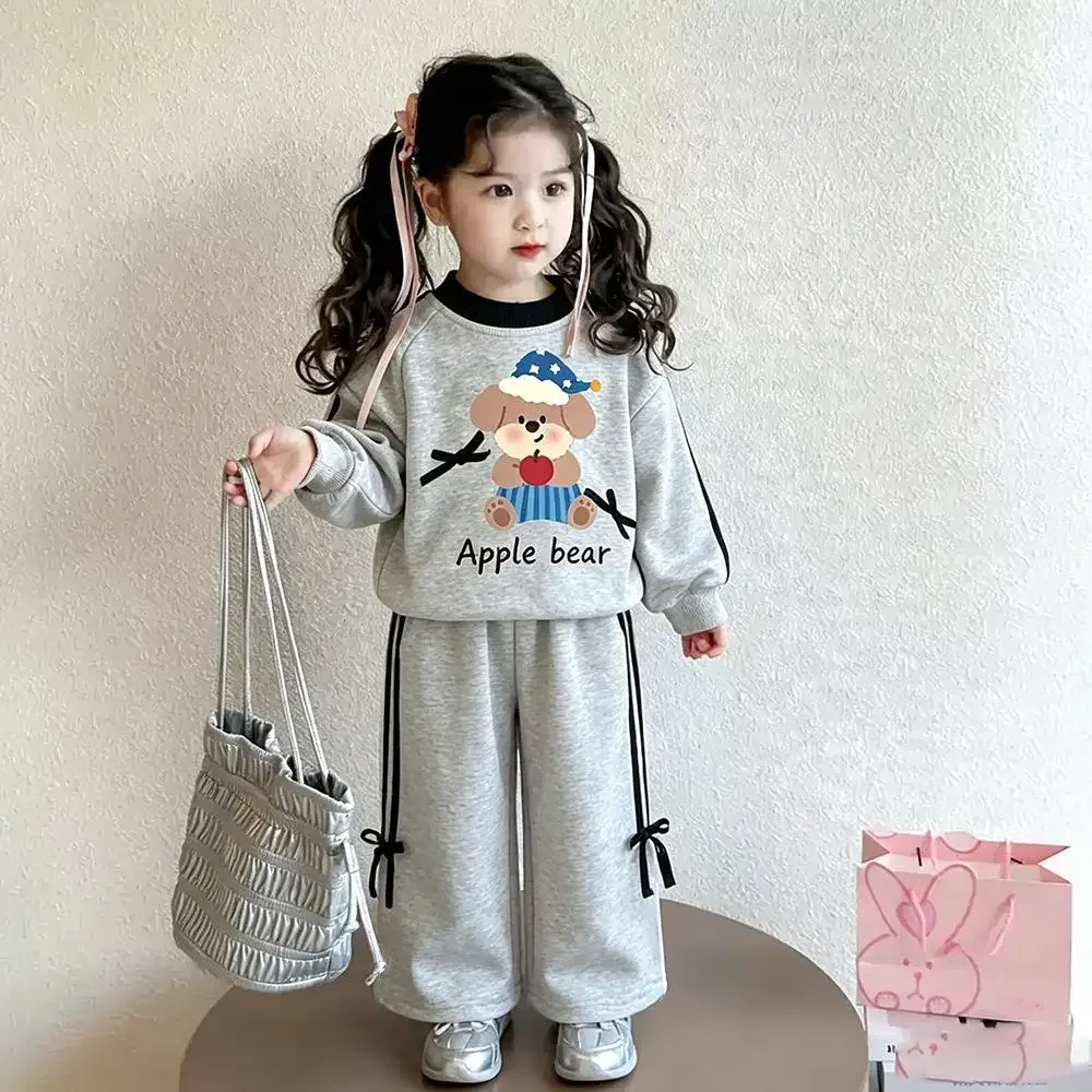 Korean Version Cartoon Printed Toddler Girl Clothes Bow Decoration Kids Sports 2-piece Set Spring and Autumn Children's Clothing