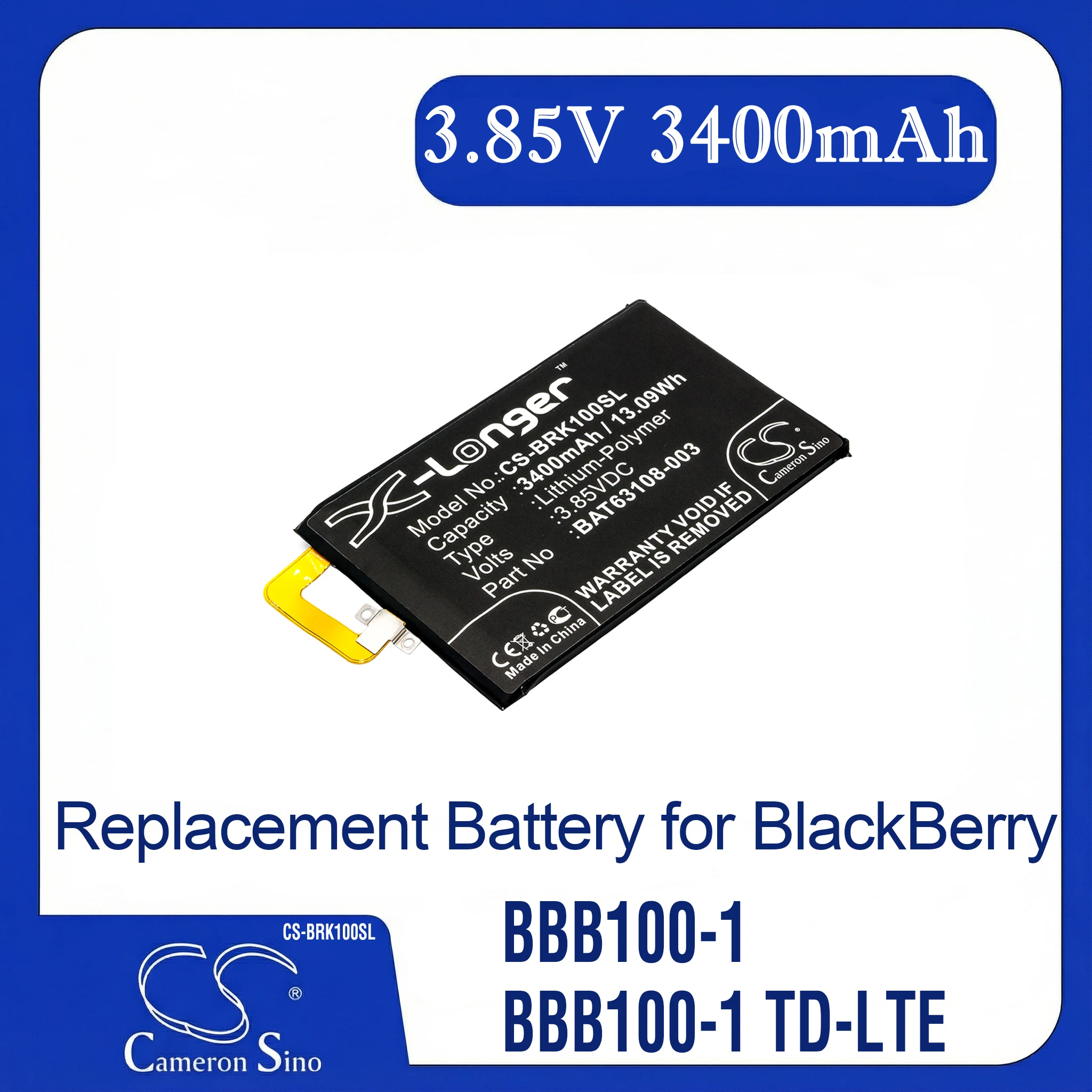 

Сменная батарея CS для BlackBerry KEYone, Mercury, BBB100-1, BBB100-1 TD-LTE, BBB100-6, BBB1, артикул: BAT63108-003, 3400 мАч / 13,09 Вт·ч