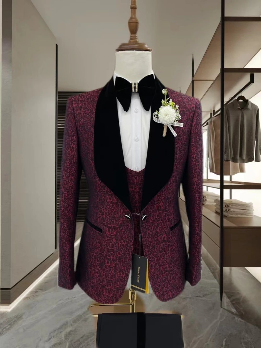 Hot Sale Jacquard Shawl Lapel Men's Suit Set For Wedding Birthday Prom Wear Wine Red Slim Fit Suits Stage Performance Customized