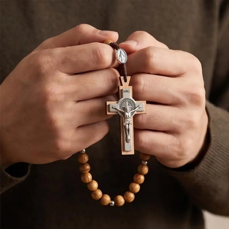 QX2E Wooden Rosary Necklace With Crosses Catholic Prayer Beads Chain For Women Men