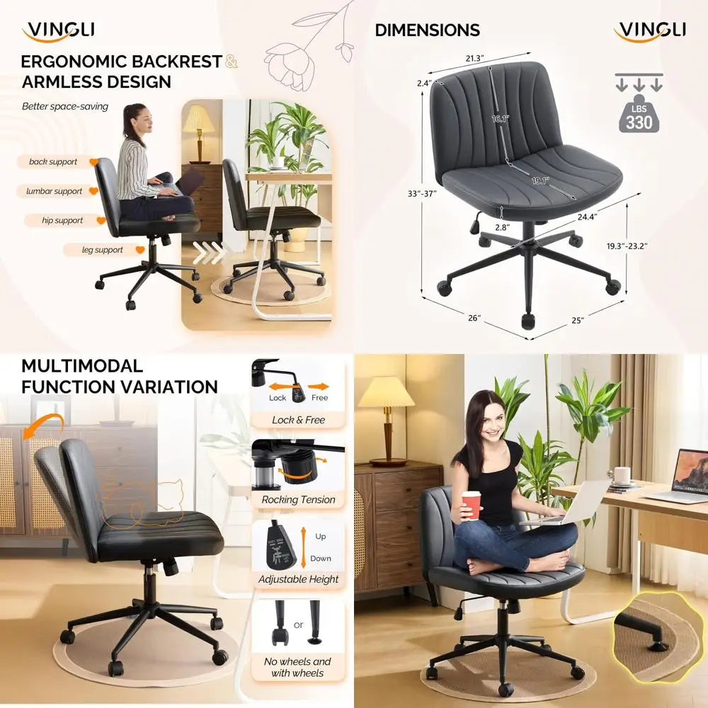 

Ergonomic Swivel Chair with Optional Wheels: Comfortable Desk Seat for Home Office, Study, and Makeup, Scratch-Resistant PU Leat