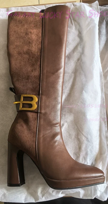 البني الجلد المدبوغ معدن إلكتروني مشبك التمهيد سترتش النساء المرقعة الأسود الركبة الجوارب حذاء بكعب سميك الفتيات الكاحل حزام التفاف الأحذية