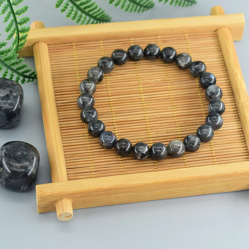 Natural Grey Labradorite Bracelets Flash Smooth Spectrolite Moonstone Round Elastic Beads Bracelet Genuine Natural Stone Jewelry