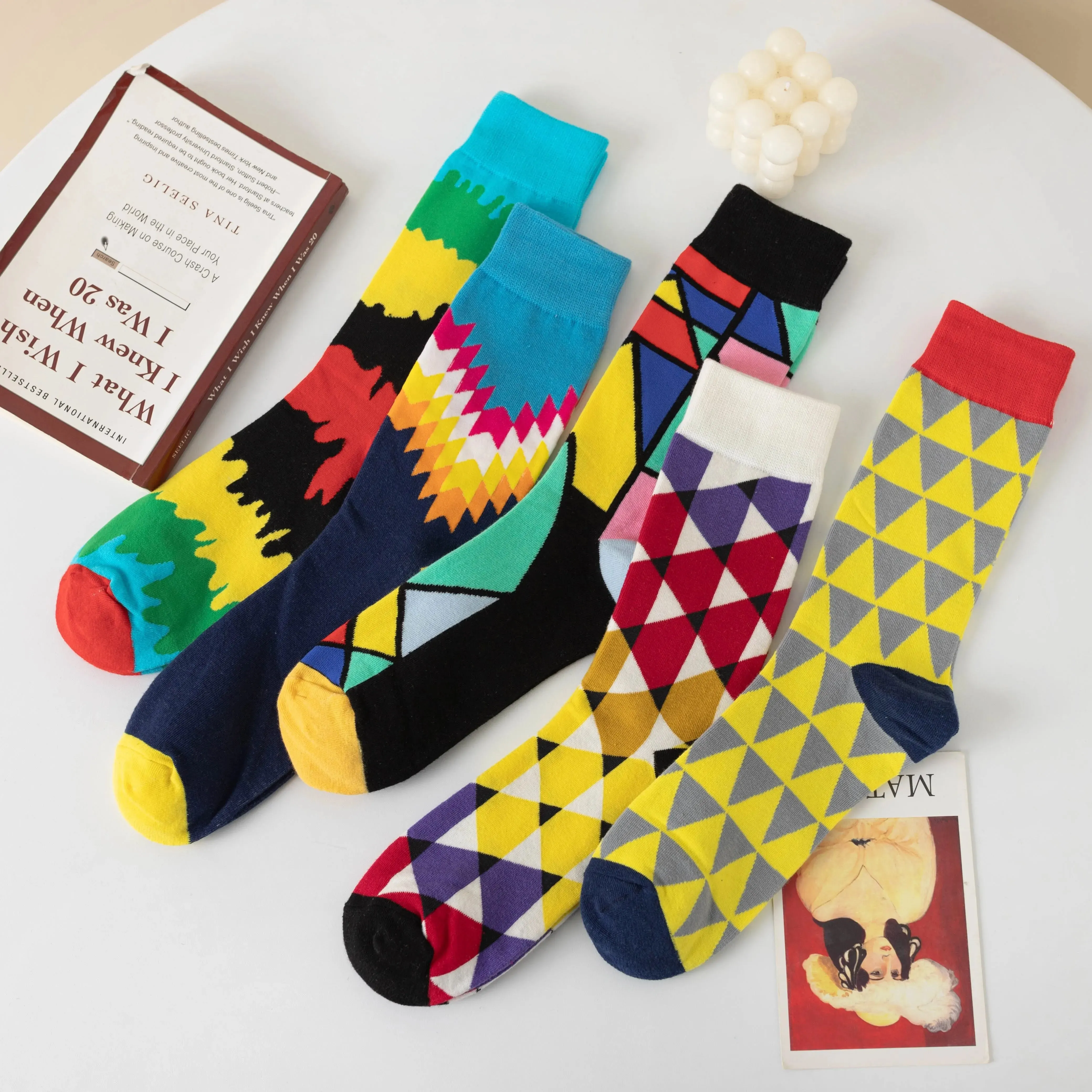 5 Pairs New Men and Women Couple Socks Geometric Color Triangle Plaid Stripe Contrast Color Fashion Trend Harajuku Style Tube So