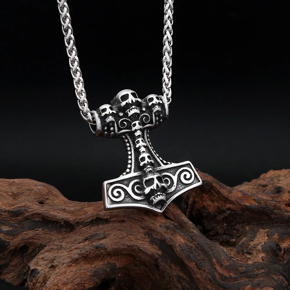 Vintage Skull Thor Hammer Mjolnir Stainless Steel Pendant Necklace For Men Women Street Gothic Punk Fashion Jewelry Gifts