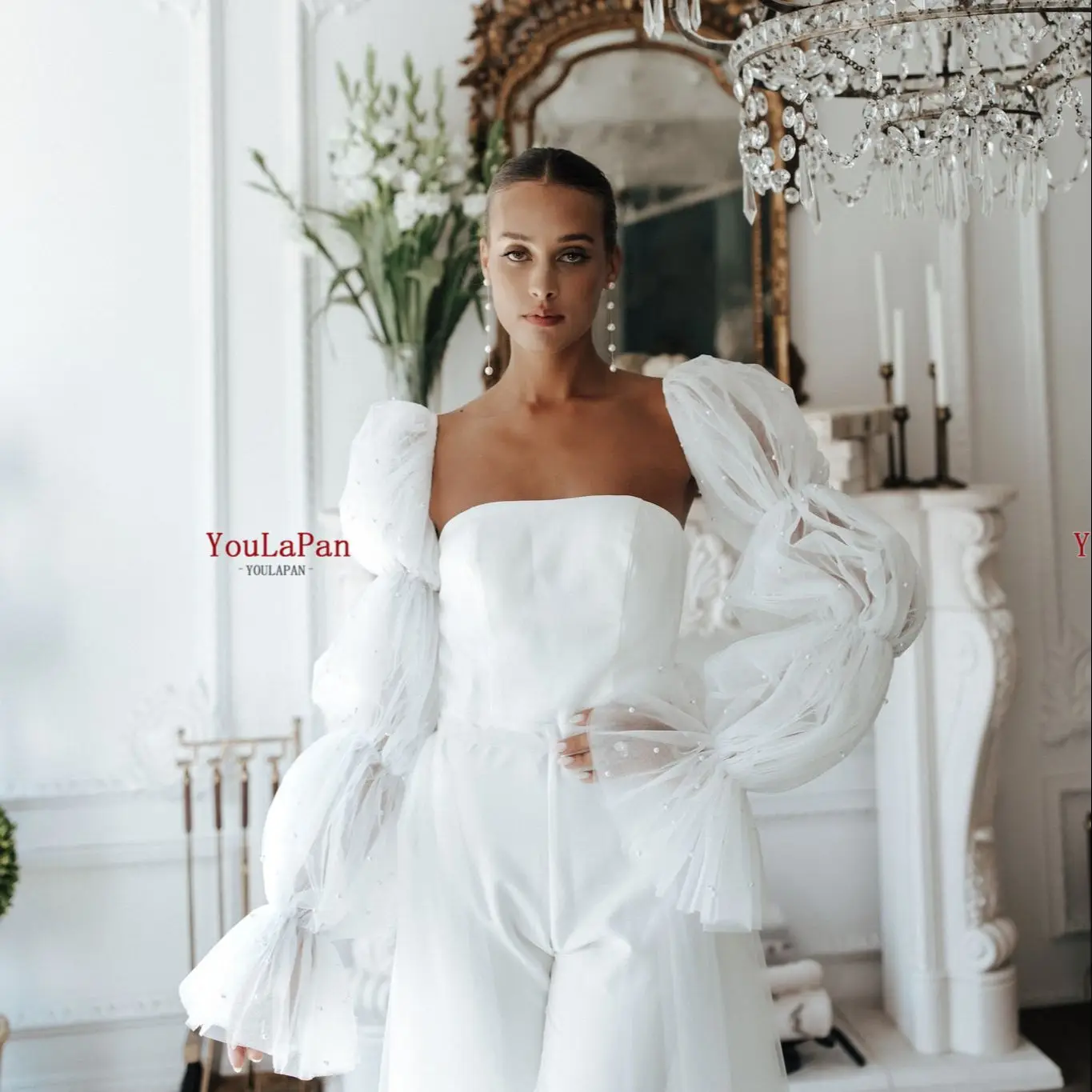 YouLaPan Bridal Long Sleeve Women's Arm Sleeves for Wedding Dress Wedding Puff Sleeve Pearls Oversize Long See-Through VM28  DIY