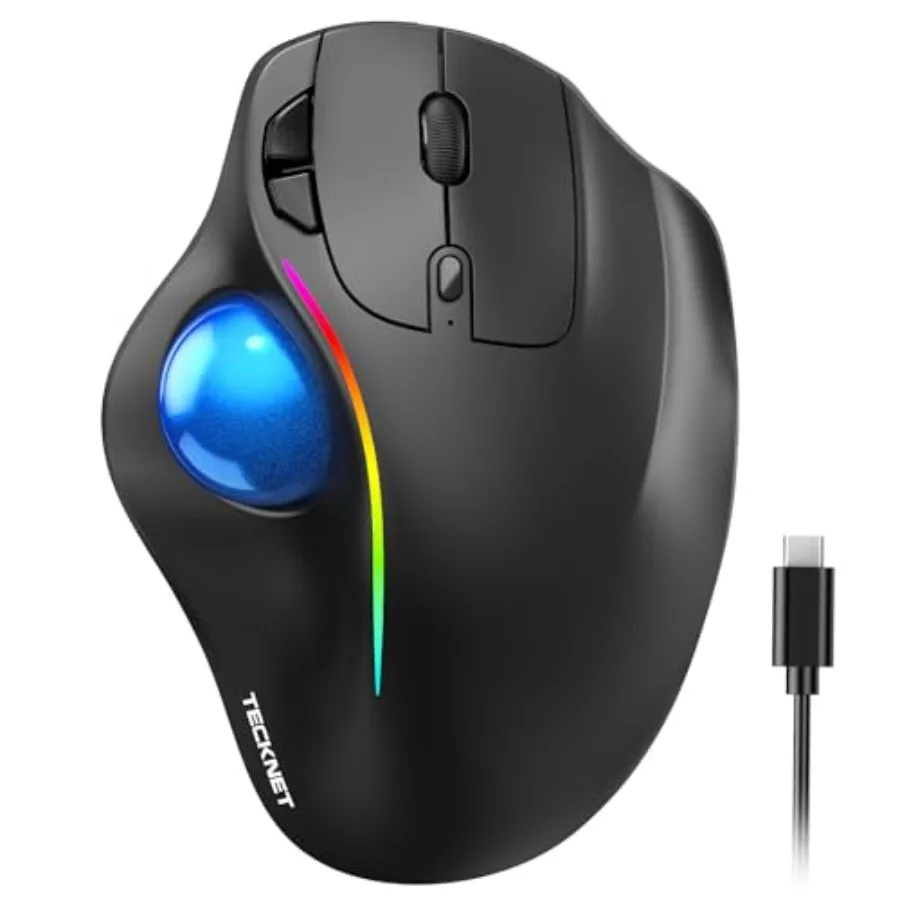 

TECKNET Pro Wireless Trackball Mouse Bluetooth Mouse with Ergonomic Thumb Control USB-C Rechargeable RGB Light Mice Adjustable