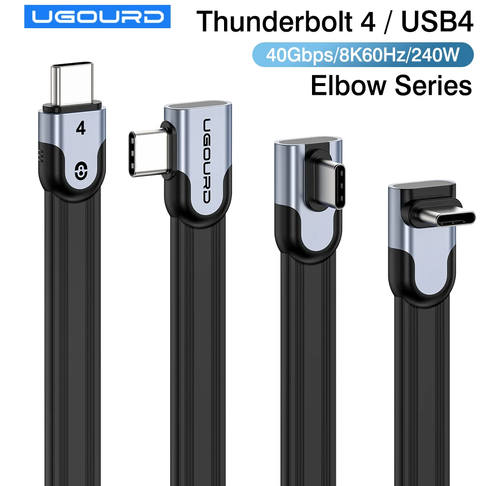 UGOURD Thunderbolt 4 Right Angle Elbow Type C Cable 40Gbps 240W Multi-bend Options USB-C to USB-C Flat Interconnect Wire USB 4