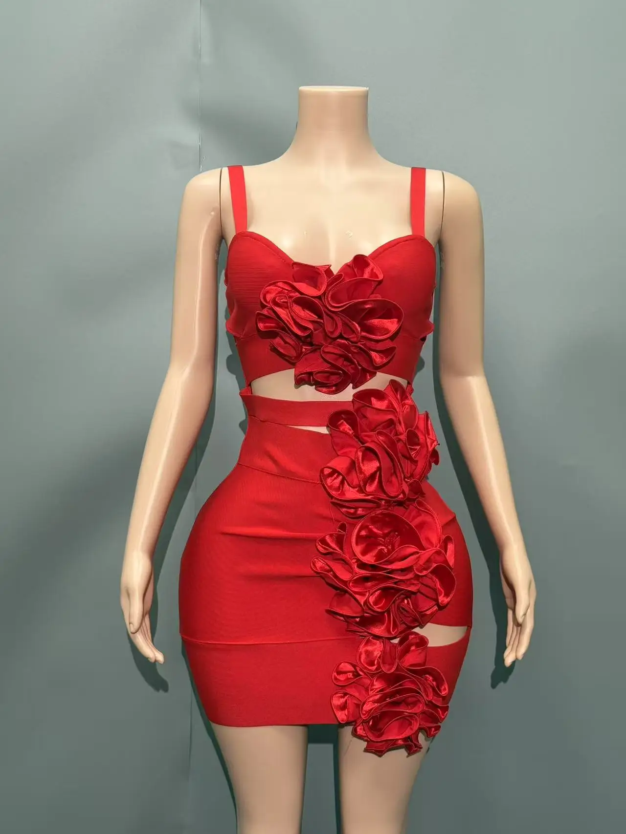 2025年最新 レディース セレブ セクシー ノースリーブ 花柄 カットアウト レッド ガウン ドレス エレガント イブニング パーティー クラブ ベスティド