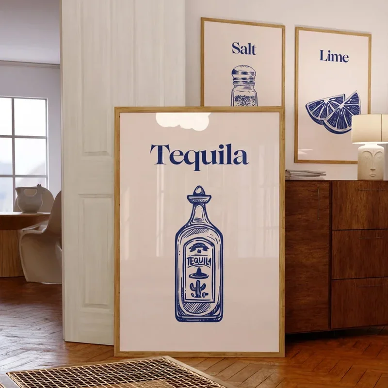 Vintage Blue Tequila Poster Aesthetic Girl Bar Cart Art Gallery Wall Canvas Painting Bar Restaurant Decorative Wall Art