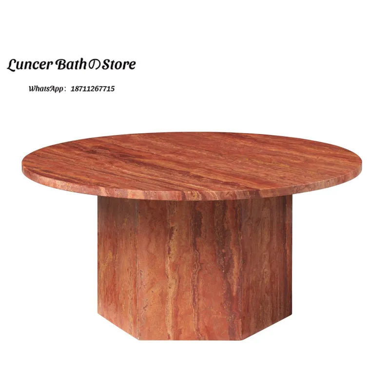 Small Apartment Red Travertine Coffee Table, Nordic Natural Round Stone Table for Living Room, American Simple Marble