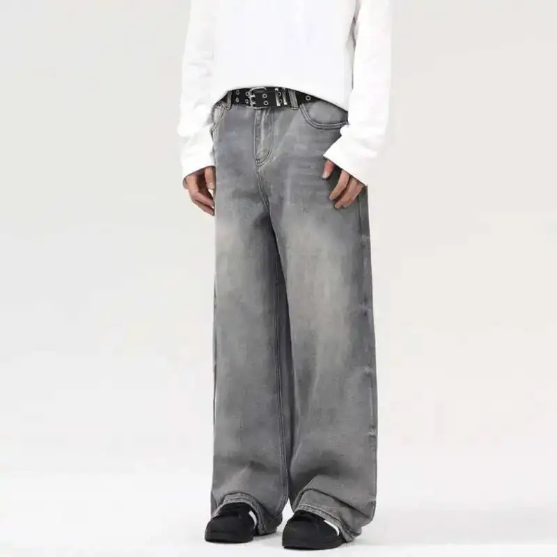 

Мужские джинсы, новый американский стиль, однотонные свободные модные прямые широкие мужские джинсовые брюки, летние
