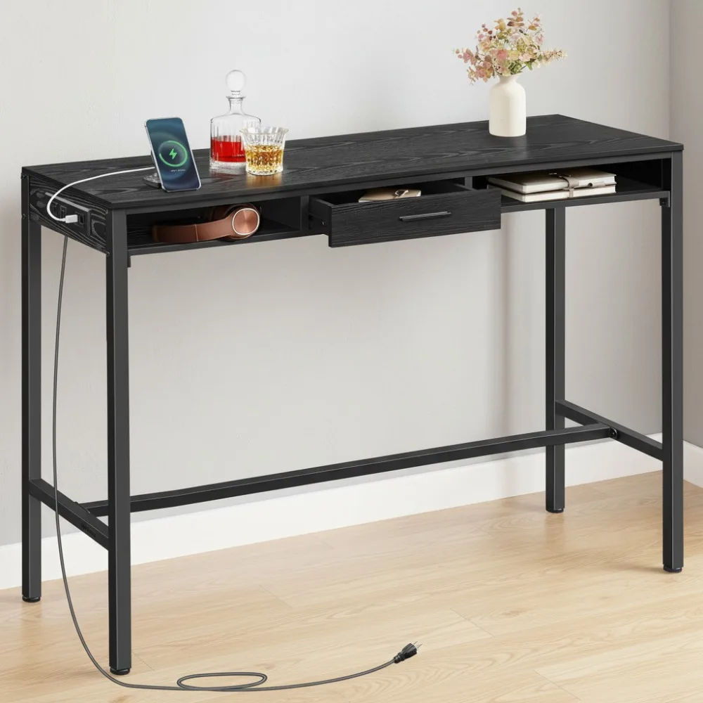 

47.2 Inch Bar Table with Power Outlets & USB Ports, Movable Drawer Storage, Modern High Top Pub Table for Kitchen Dining