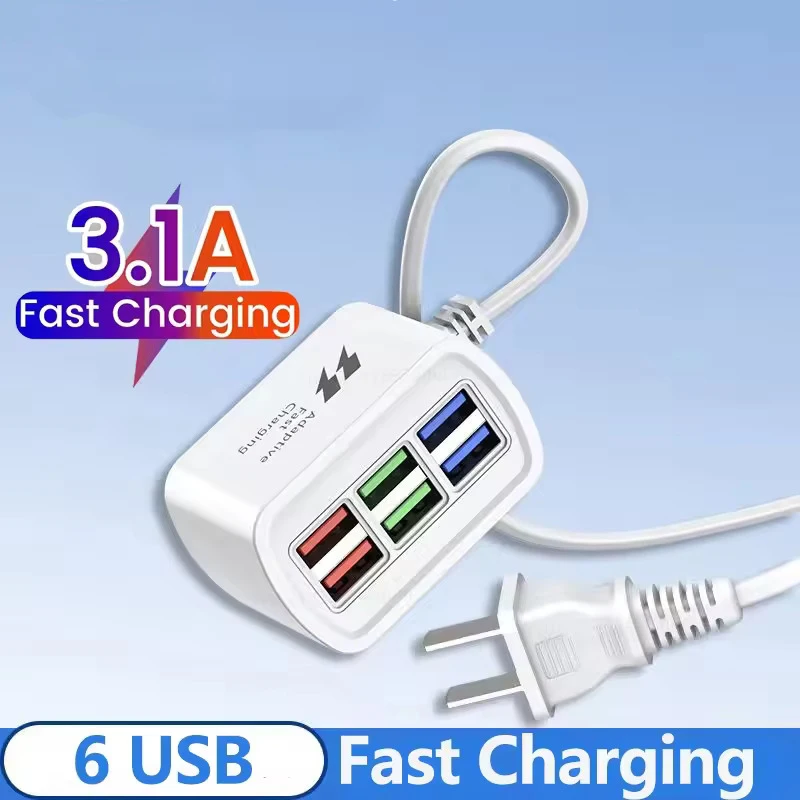 Enchufe múltiple con 6 puertos USB de carga rápida, estación de carga de escritorio, cable de extensión para cargador de teléfono, adaptador USB HUB, enchufe eléctrico EU/US