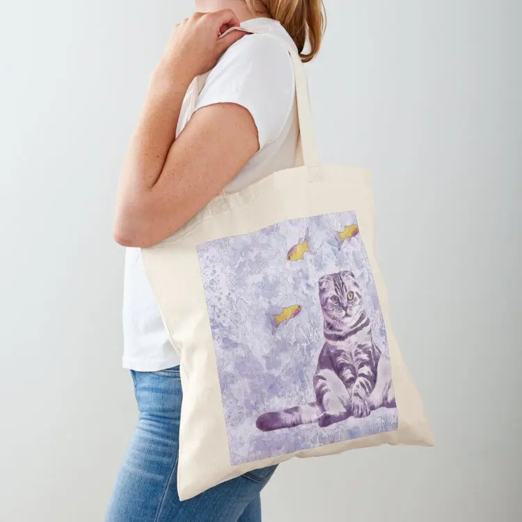 

Scottish fold cat and fish watercolor art Tote Bag Women's shopping bag Eco bag Women's shopper hand ladies