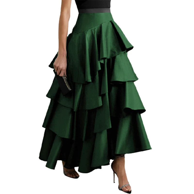 

Uoozee 2024 New Summer Urban Female Stylish A-Line Skirts Solid Color High Waisted Falbala Party Evening Long Skirt For Women