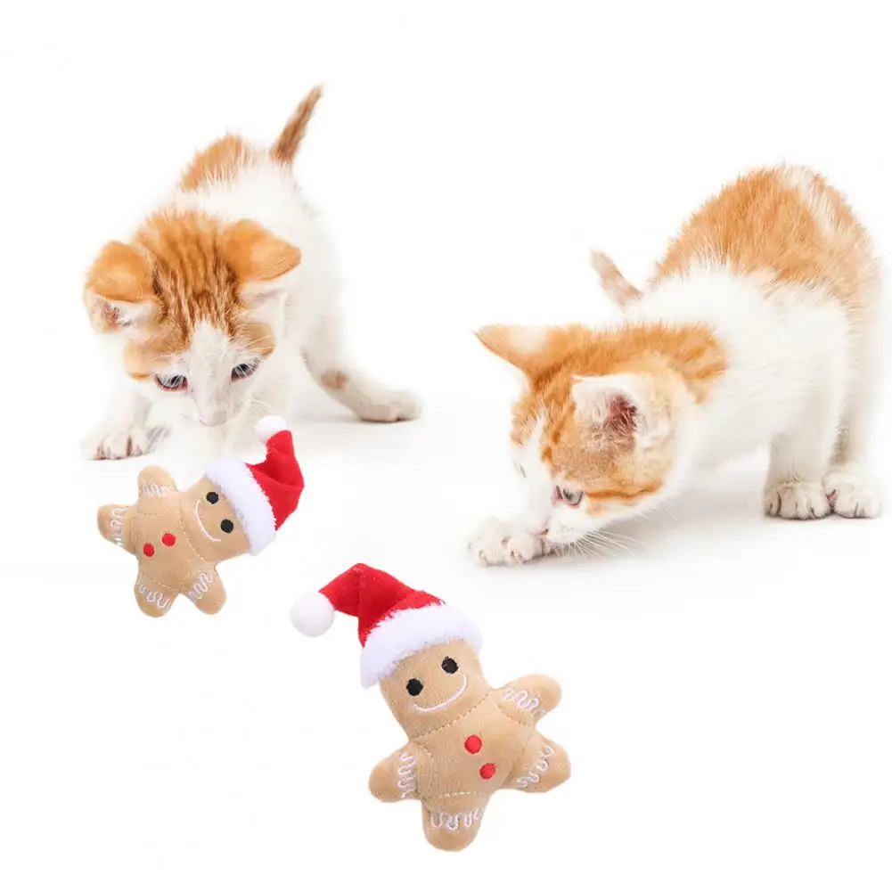 Kitten Toy Soft Comfortable Cartoon Increase Appetite Clear Stomach Teeth Cleaning Christmas Hat Gingerbread Man Cat Plush Toy