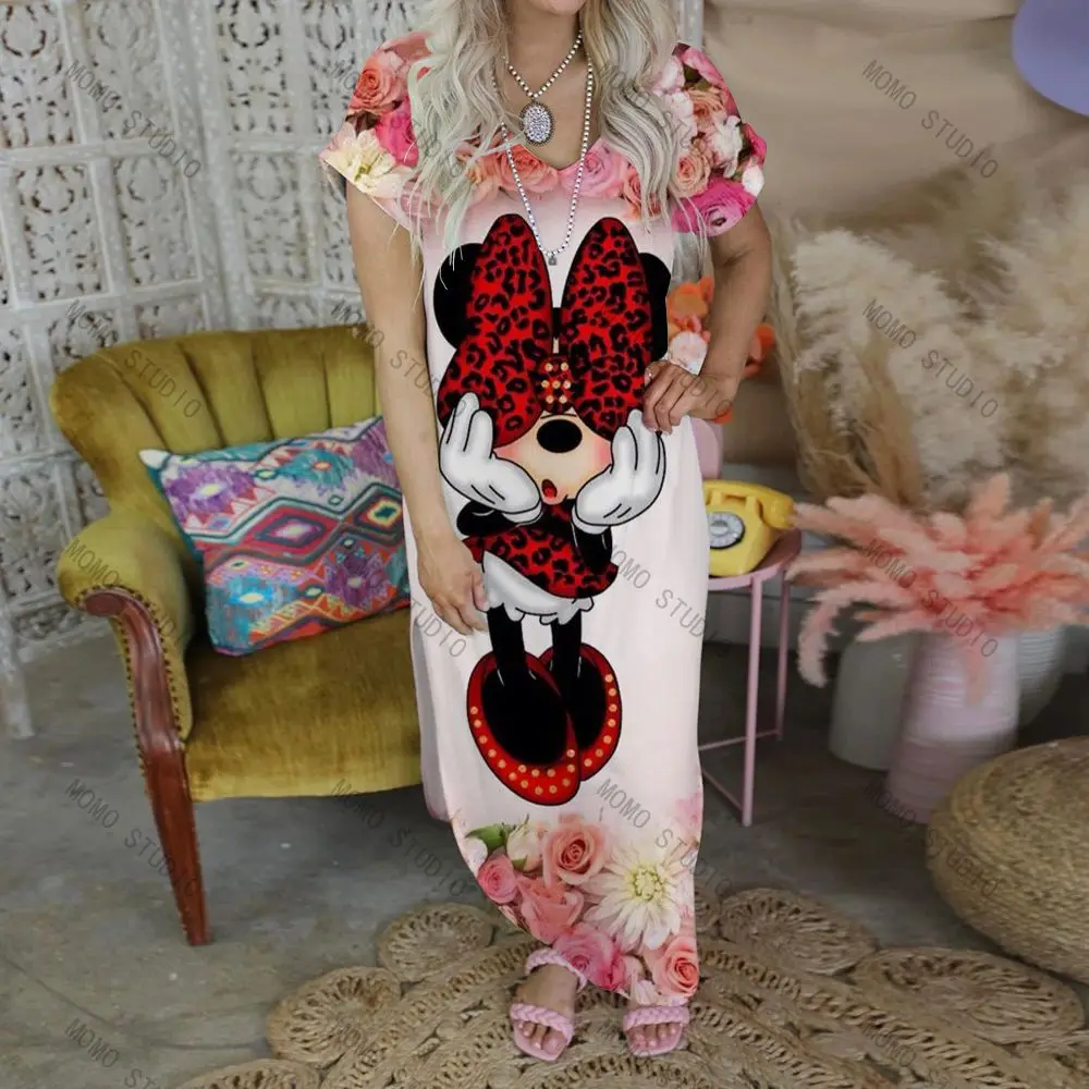 Casual Sommer frauen Kleider V-ausschnitt Lange Kleid Cartoon 2022 Disney Sexy Minnie Maus Mickey Frau Kleidung Freizeit Maxi Robe y2k