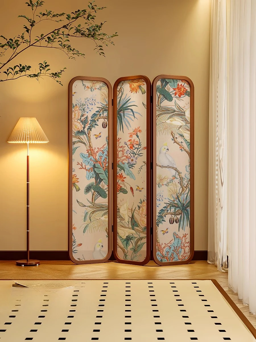 Retro solid wood home screen partition living room bedroom room decoration mobile semi-transparent shelter