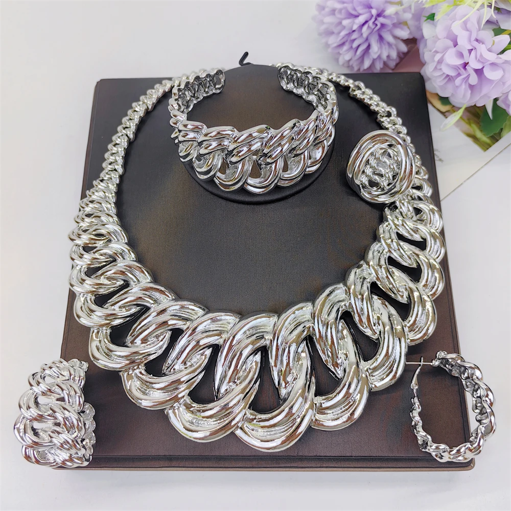 Trend Dubai Sliver Color Jewelry Sets For Women Big Necklace African Jewellery Set For Women Italian Bridal Wedding Accessories