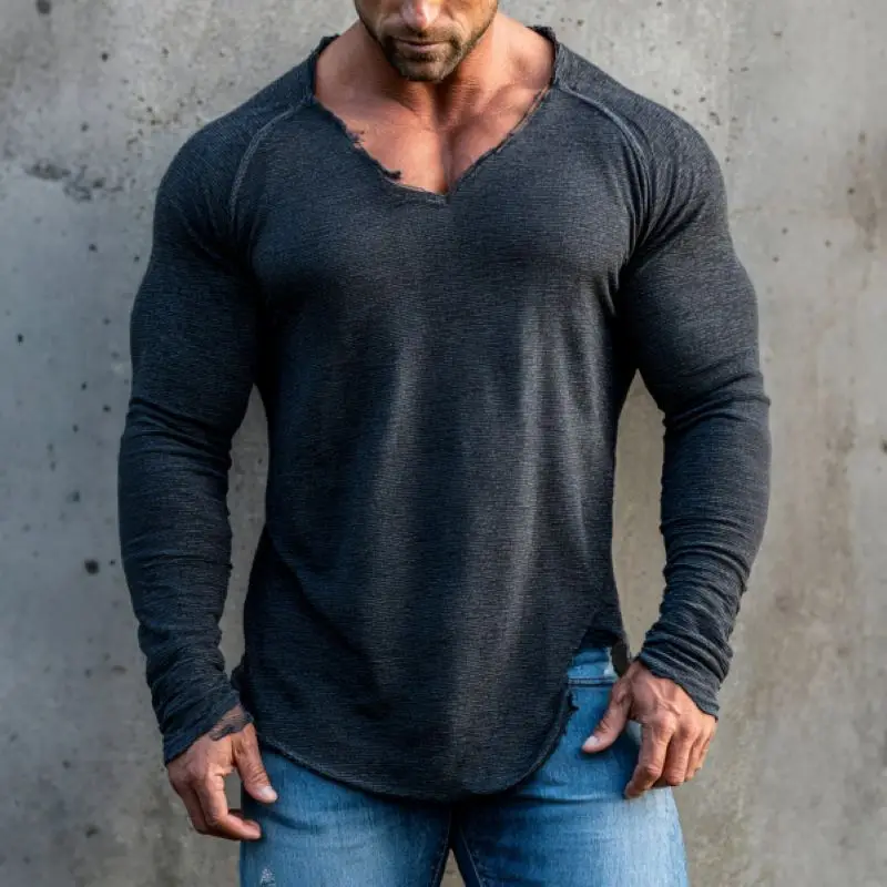 Men's Workout V-Neck T-Shirt,  Fitness Training Apparel, Fashion Distressed Ripped Craft on Cuffs and Hem,  Casual Outdoor