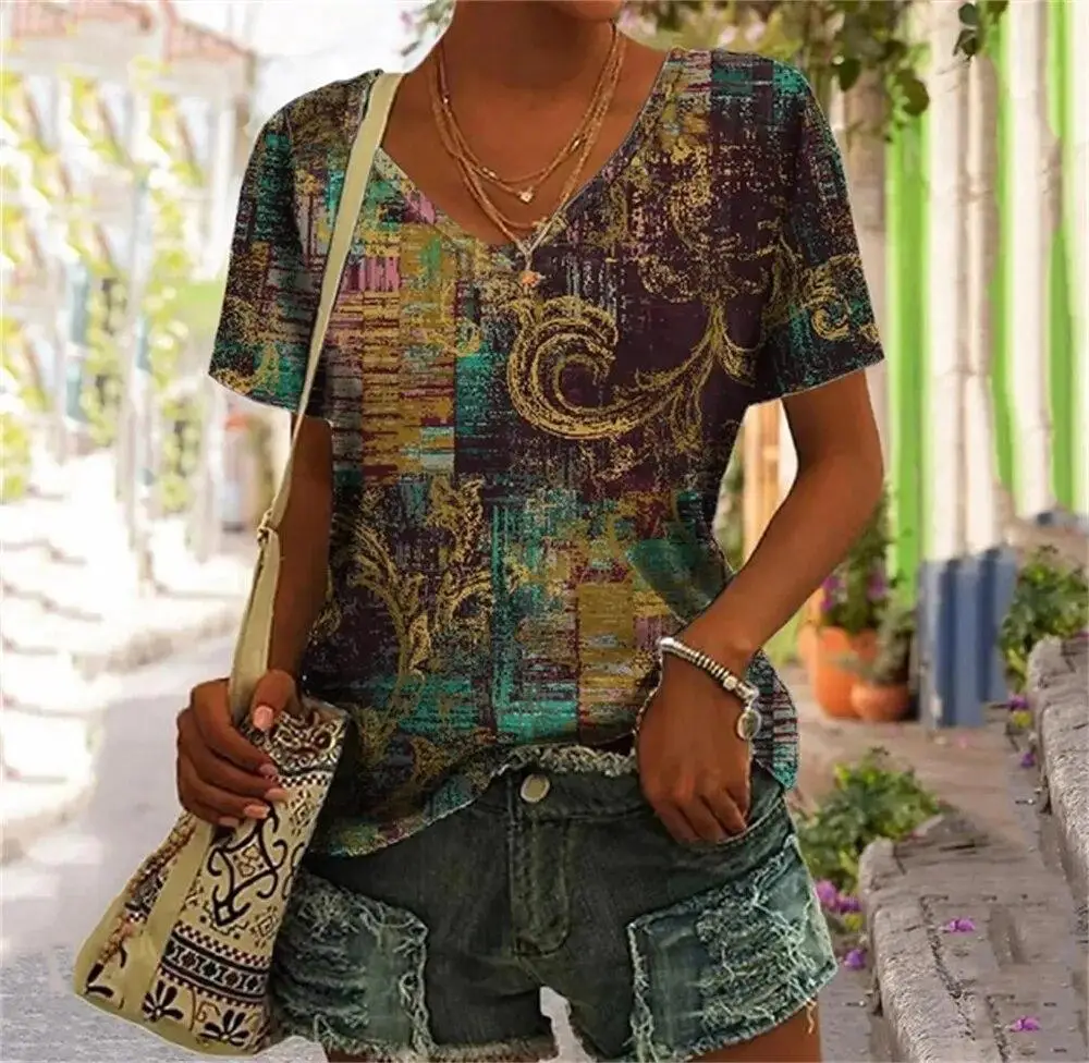 Abstract Face T-Shirts Fake Pocket 3D Print Women's V-Neck Short Sleeve T Shirt Y2K Casual Tees Harajuku Tops Female Clothing