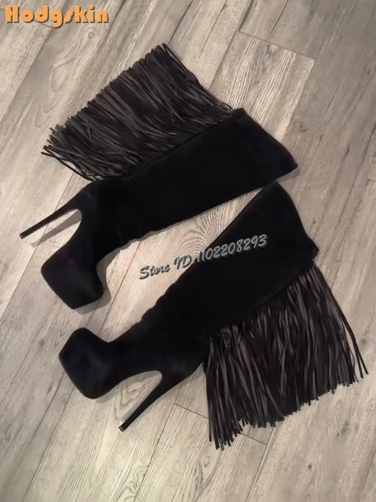 Retro Suede Fringe Platform Knee-high Boots Round Toe Back Zipper High Heels Modern Boots 2026 Autumn New Fashion Women Shoes