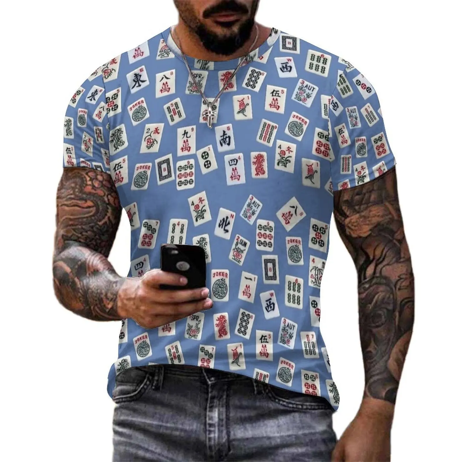 Original T-Shirt Blue Tone Mahjong Tile Print T Shirts  Streetwear Vintage Tees For Man Short Sleeve Pattern Plus Size Clothing