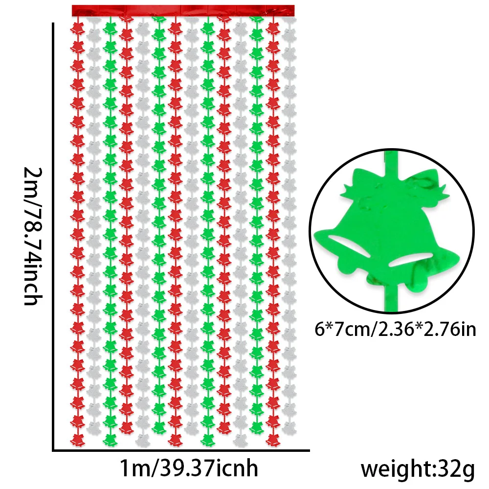 خلفية عيد الميلاد وستارة الباب - ستائر بهرج جرس جلجل متألقة - ديكور مهدب أحمر/فضي/أخضر